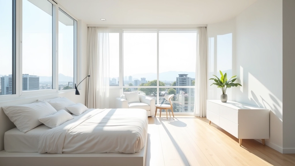 Bright studio apartment with large windows and minimalist white furniture