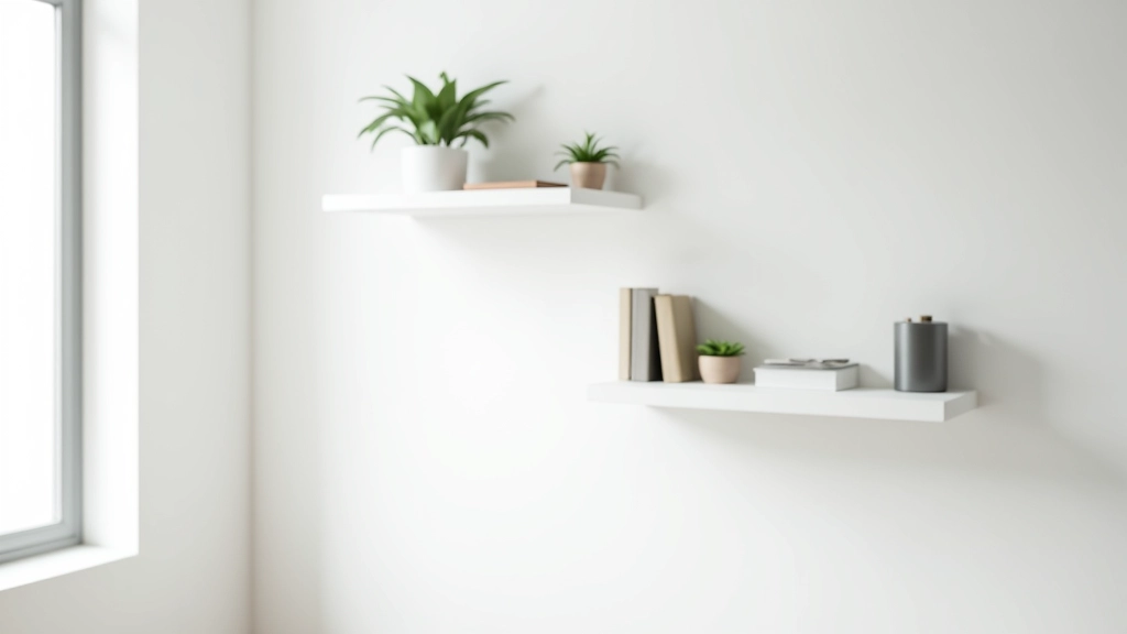 Studio apartment wall with multiple floating shelves at varying heights displaying books, plants, and decorative items with natural light
