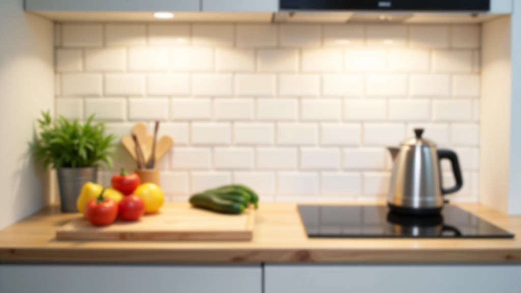 Modern studio kitchen counter with dedicated zones: left side shows cooking preparation area with fresh vegetables and cutting board, right side has single stainless steel kettle on neutral counter