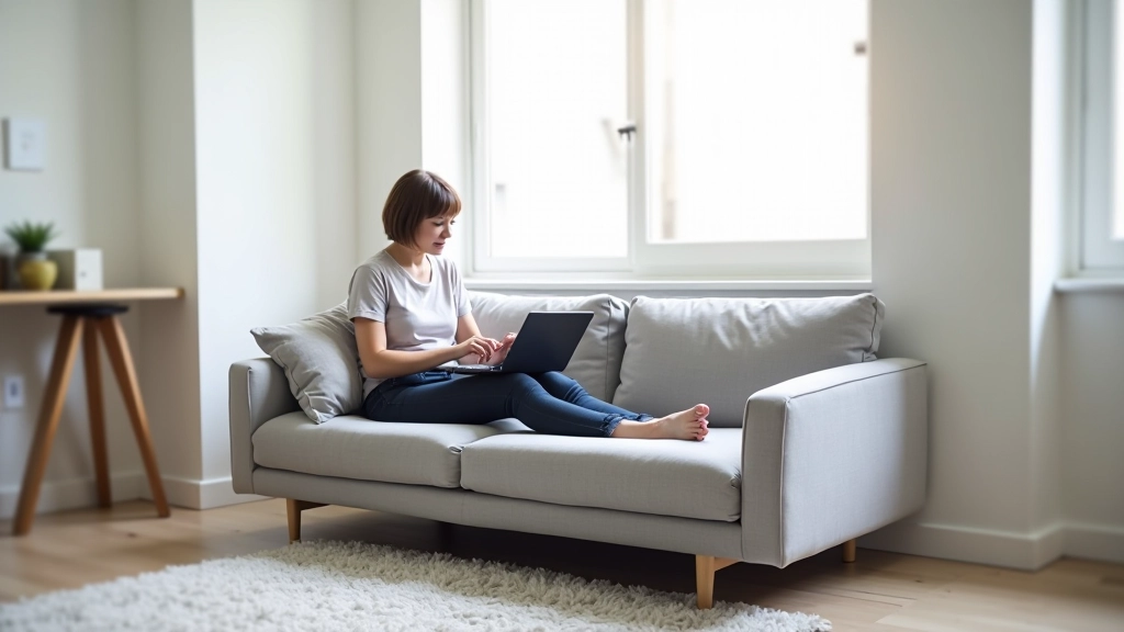 Compact sofa in light gray fabric against white wall in studio apartment with person sitting, showing scale and proportion