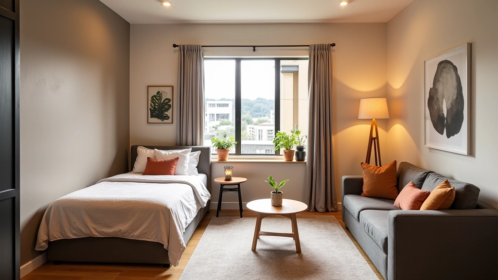 Studio apartment with defined living, sleeping, and working zones separated by furniture and lighting