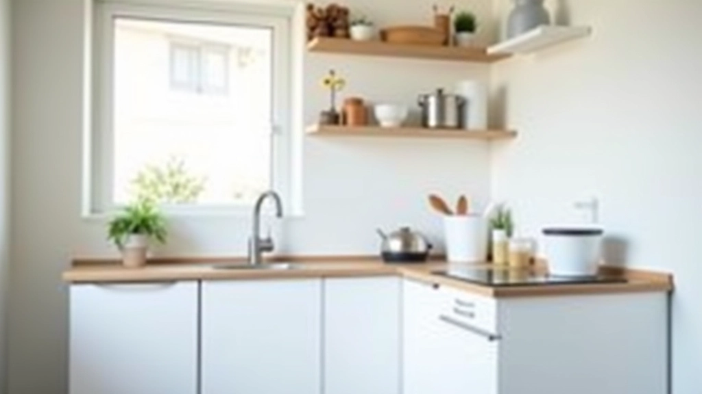 Compact studio kitchen with minimalist white cabinetry and stainless steel appliances, showing efficient use of vertical storage and open shelving