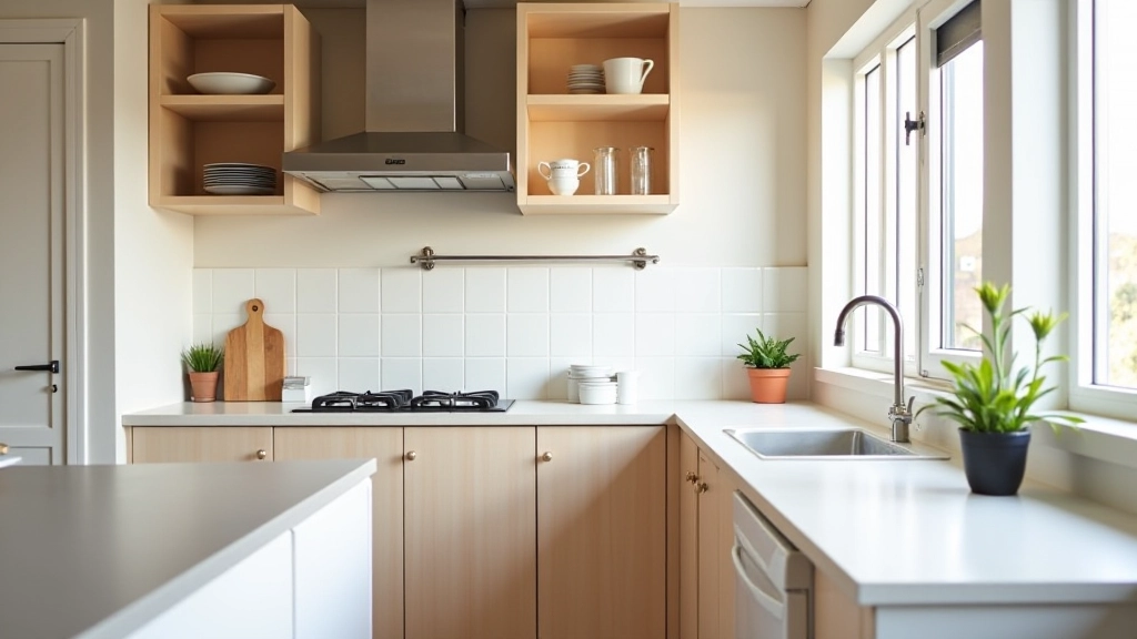 An efficiently designed compact kitchen in a studio apartment showing smart storage and space utilization