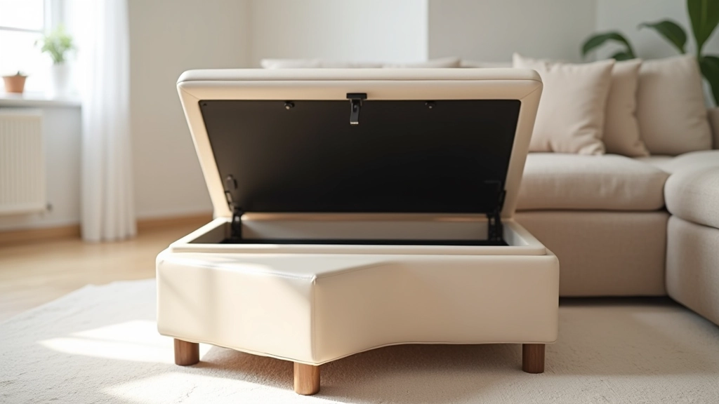 Close-up of a storage ottoman with cushioned top and open compartment showing folded blankets and items inside
