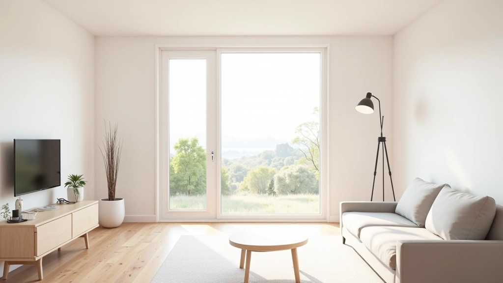 Modern studio apartment with minimalist furniture and natural light from large window