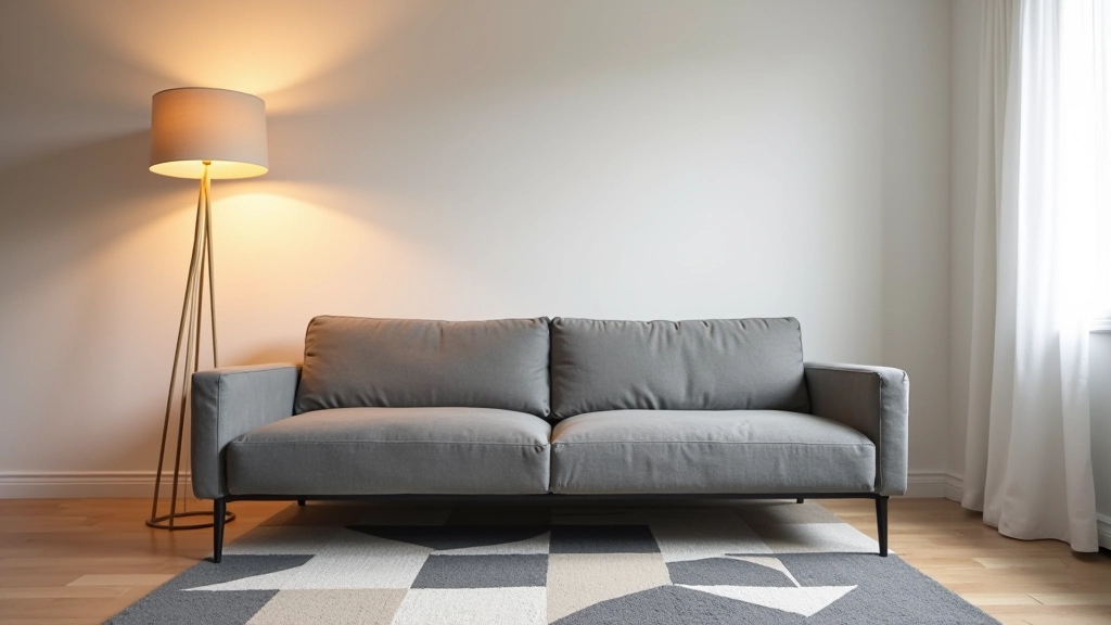 Modern studio apartment with rug defining living area, floor lamp creating visual boundary