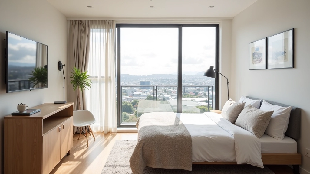 A well-designed studio apartment showcasing efficient space planning and modern furnishings in Queenstown