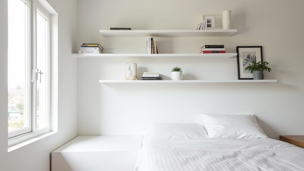 Modern studio apartment with white floating shelves displaying decorative items and books in organized arrangement