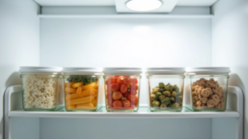 Refrigerator shelf displaying five matching clear glass containers with white locking lids filled with prepared meals - rice, vegetables, protein portions neatly arranged