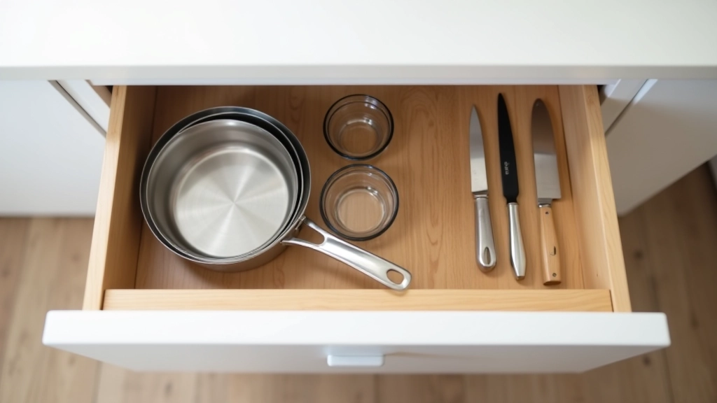 Organized kitchen drawer showing stacked stainless steel pans, wooden cutting board, sharp chef's knife, and glass storage containers neatly arranged