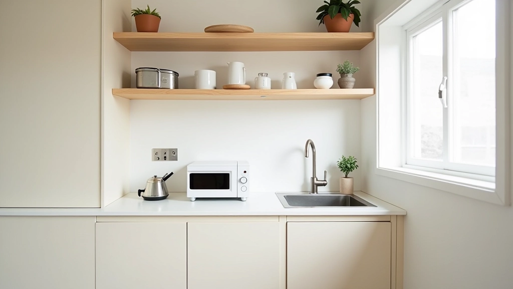 Studio apartment kitchen with compact appliances and efficient counter space organization