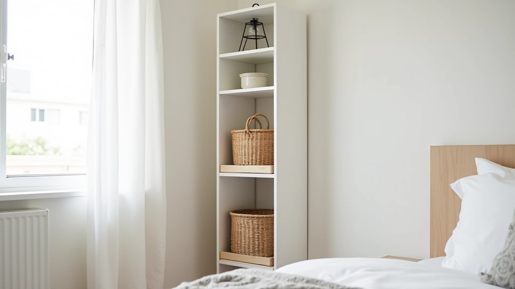 Studio apartment corner with tall narrow shelving unit storing baskets and organized items in minimal white design