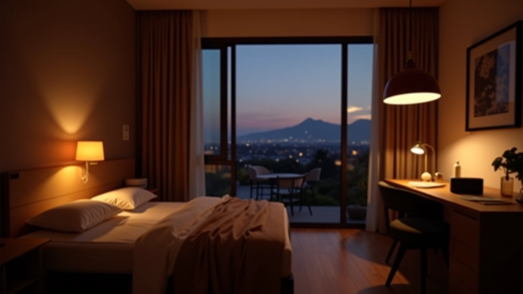 Studio apartment with varied lighting zones, warm bedside lamps, bright desk lamp, ambient living room light