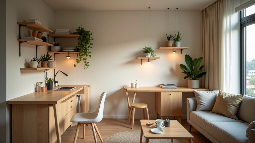 Studio apartment showing creative storage solutions with floating shelves and organization