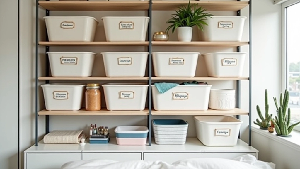 Organized studio apartment shelving with labeled baskets, categorized items, and color-coordinated storage system