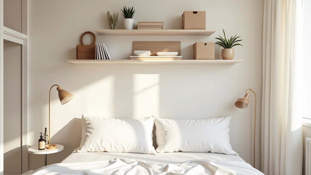 Storage solutions showing wall-mounted shelves, under-bed organizers, and vertical storage in studio