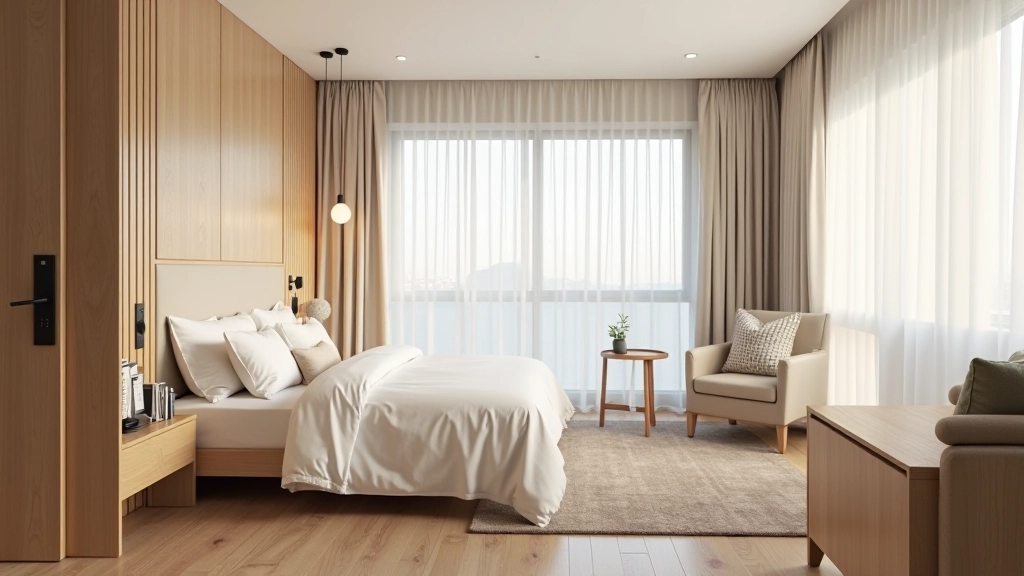 Studio apartment with room divider screen between sleeping and living zones, sheer curtains creating soft boundary