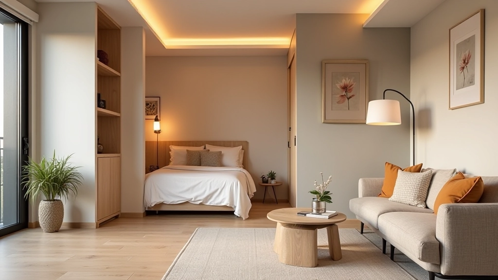 Studio apartment with defined living and sleeping zones separated by room divider and lighting
