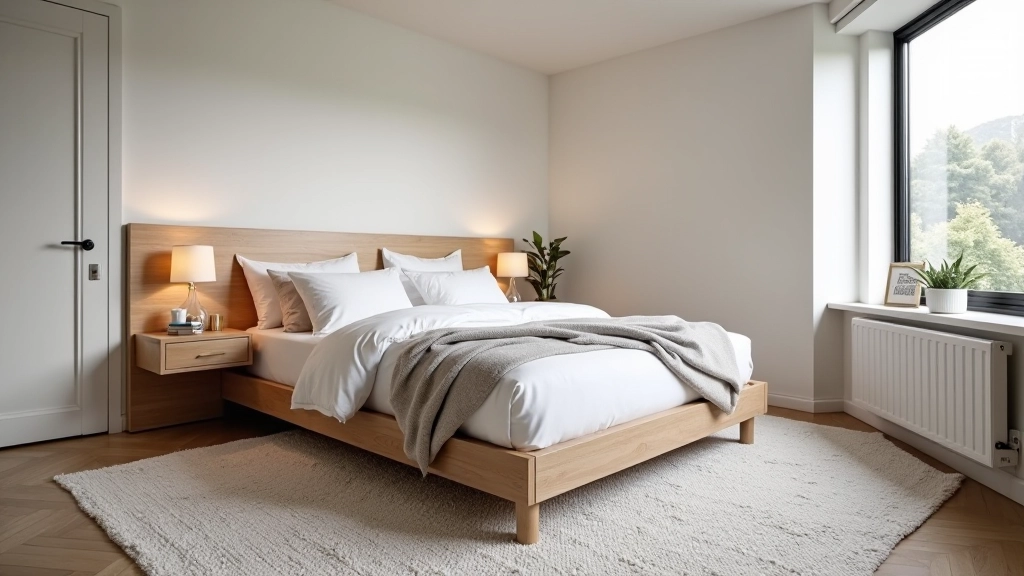 Large area rug defining bedroom zone in studio apartment, layered texture rugs