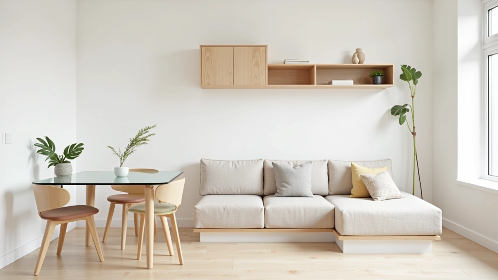 Studio apartment interior with light wood furniture, glass-top table, open shelving, white walls, natural light streaming from window