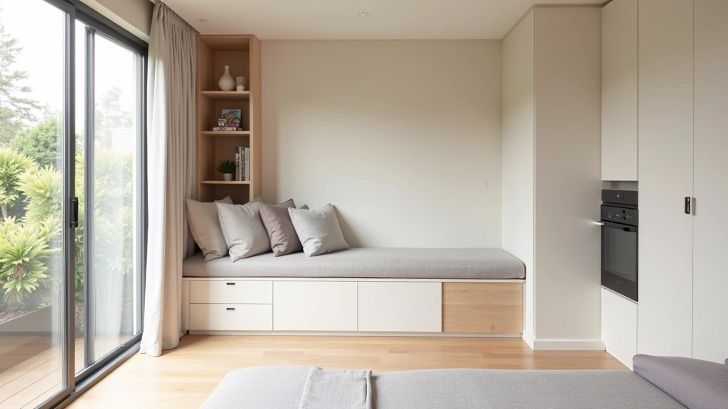 Studio apartment with multi-functional furniture including storage bench and built-in shelving integrated into living space