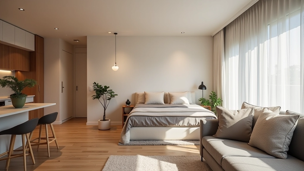 Small studio with distinct living and sleeping zones separated by furniture and lighting