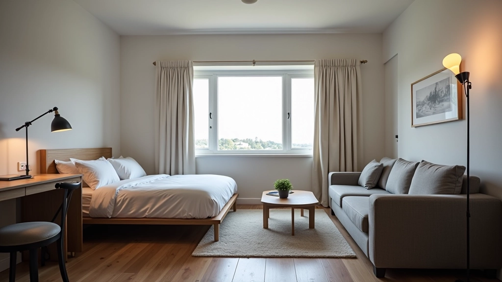 Studio apartment furniture arrangement with back-to-back sofa and bed, open floor plan layout