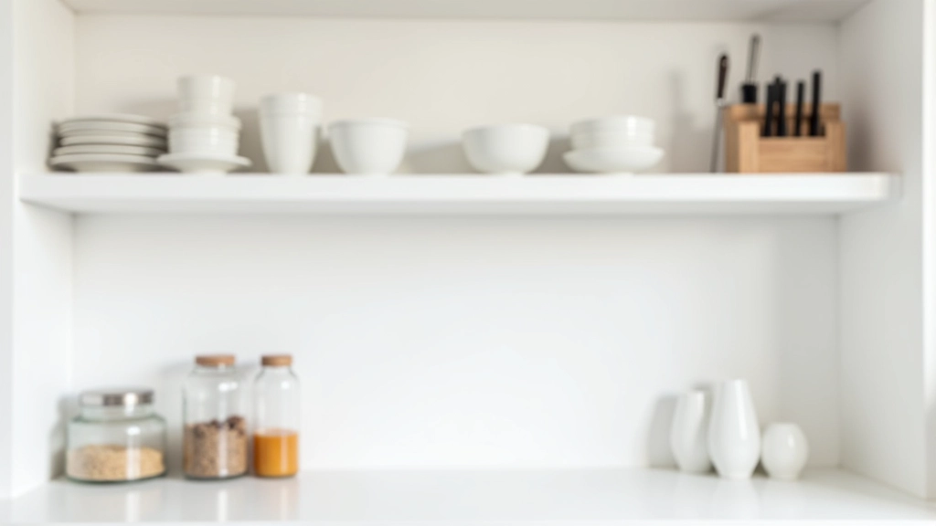 Studio kitchen wall with open white shelving displaying stacked white plates, glasses, and organized glass jars with cooking ingredients, magnetic knife strip below