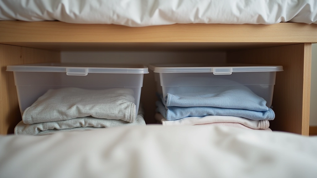 Under-bed storage containers and drawers showing organized folded clothes and items in studio apartment bedroom
